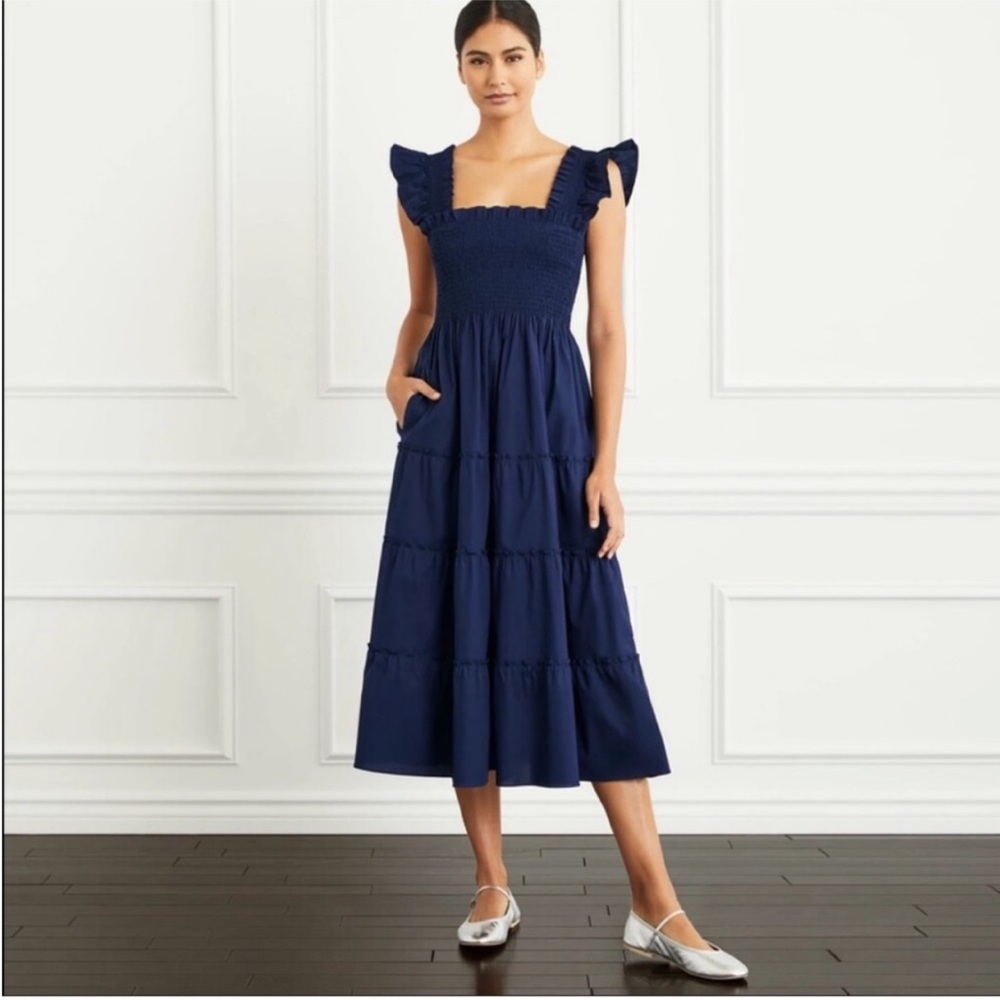 Hill House Ellie Navy Nap Dress midi smocked navy blue cotton poplin XS